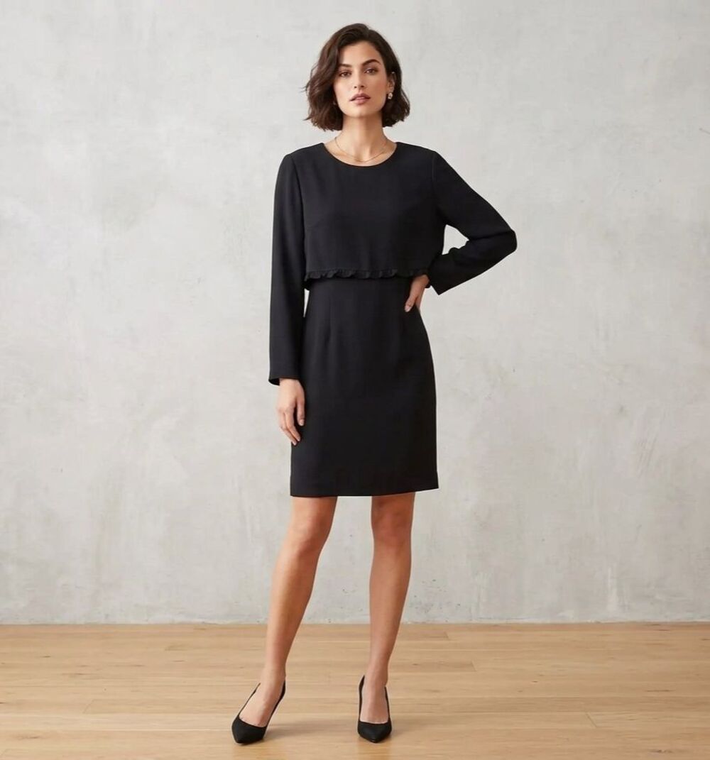 Liz Claiborne Vintage Sheath Dress Women's Size 14 Black Scoop Neck Ruffle Trim
